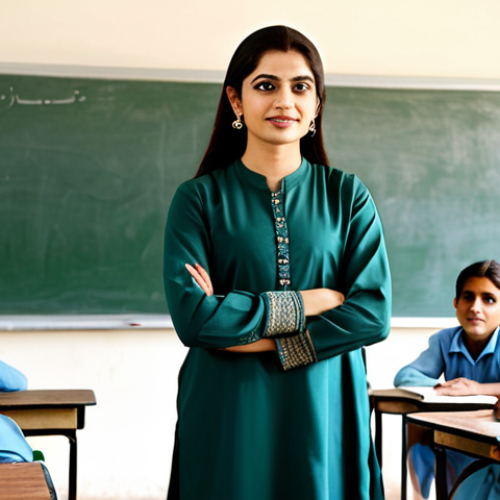 **

"A professional Urdu-speaking teacher in a modest, traditional Shalwar Kameez, standing in front of a classroom of eager students, fully clothed, appropriate attire, safe for work, family-friendly, perfect anatomy, natural proportions, warm and inviting atmosphere, educational setting"

**