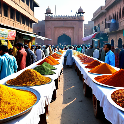 **

A bustling marketplace in Lahore, Pakistan, vibrant colors, traditional clothing (shalwar kameez), food stalls overflowing with spices and sweets (jalebi, biryani), Mughal architecture in the background, people bargaining, warm sunlight, high detail, professional photography.

**