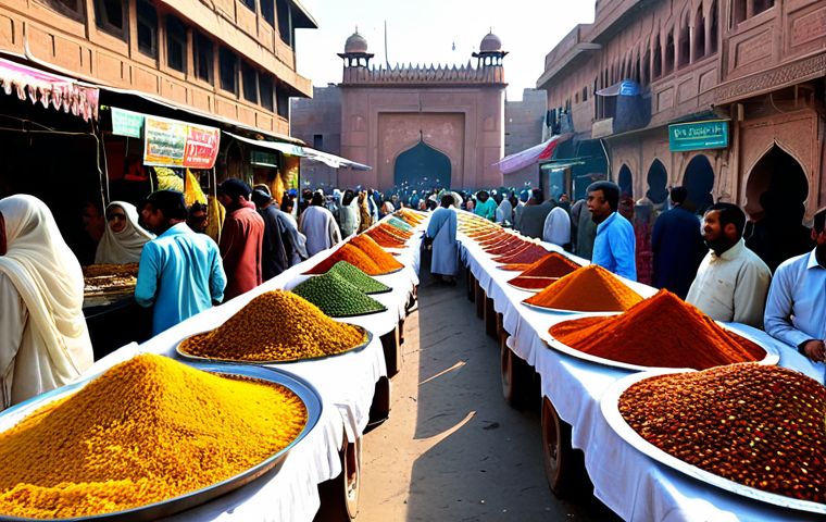 **

A bustling marketplace in Lahore, Pakistan, vibrant colors, traditional clothing (shalwar kameez), food stalls overflowing with spices and sweets (jalebi, biryani), Mughal architecture in the background, people bargaining, warm sunlight, high detail, professional photography.

**
